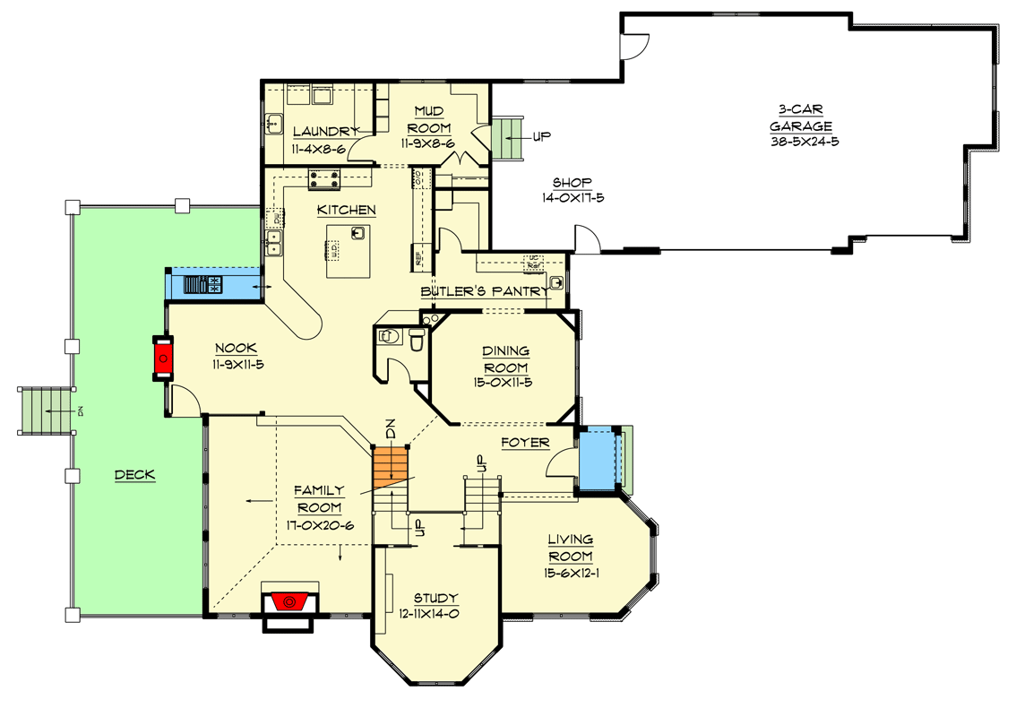 Plan 9510RW: Sunken Family Room and Raised Study - Floor Plan - Main Level - European, Rustic