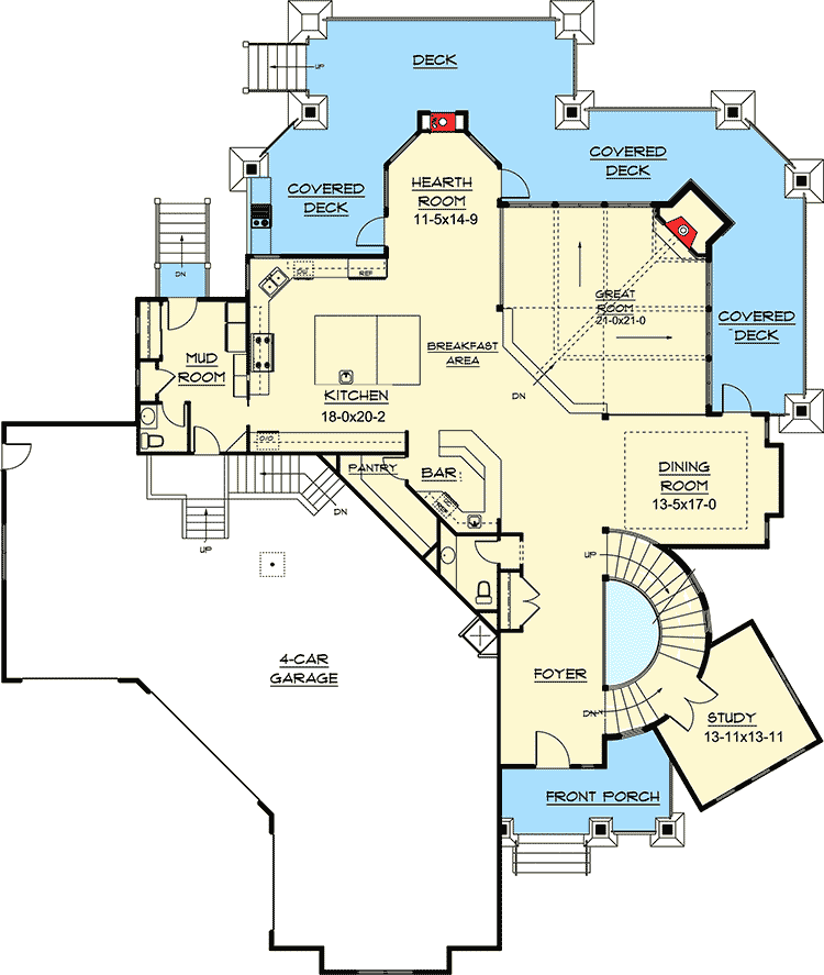 Plan 9520RW: Wrap-Around Rear Decks - Floor Plan - Main Level - Craftsman, European, Mountain, Rustic