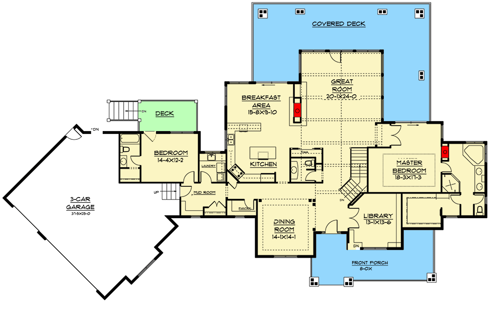 Plan 9524RW: Mountain Beauty - Floor Plan - Main Level - Country, Craftsman, Mountain, New American, Northwest, Ranch, Rustic, Traditional