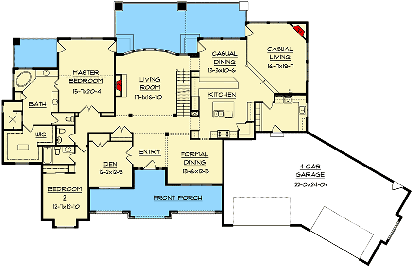 Plan 9529RW: Sunken Family Room and a Children's Retreat - Floor Plan - Main Level - European, French Country, Mountain, Rustic