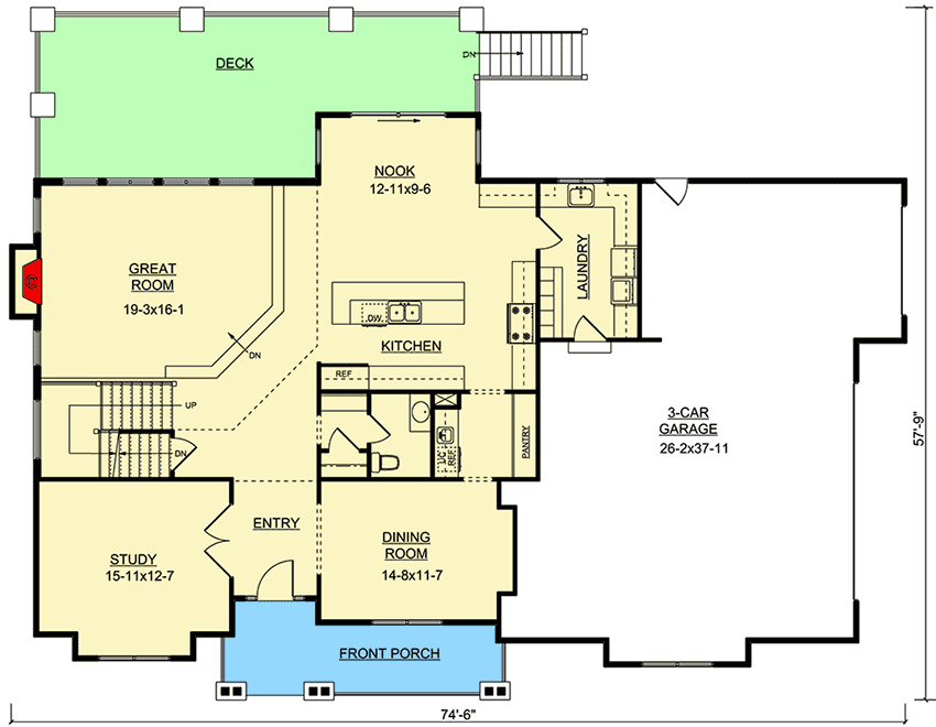 Plan 9532RW: Two-Story Rugged Craftsman House Plan with Sunken Great Room - Floor Plan - Main Level - Craftsman, Mountain, Rustic, Vacation