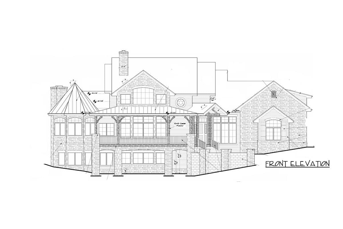 Front elevation drawing of a multi-story house with stone facade, covered porch, multiple gables, and varied rooflines.