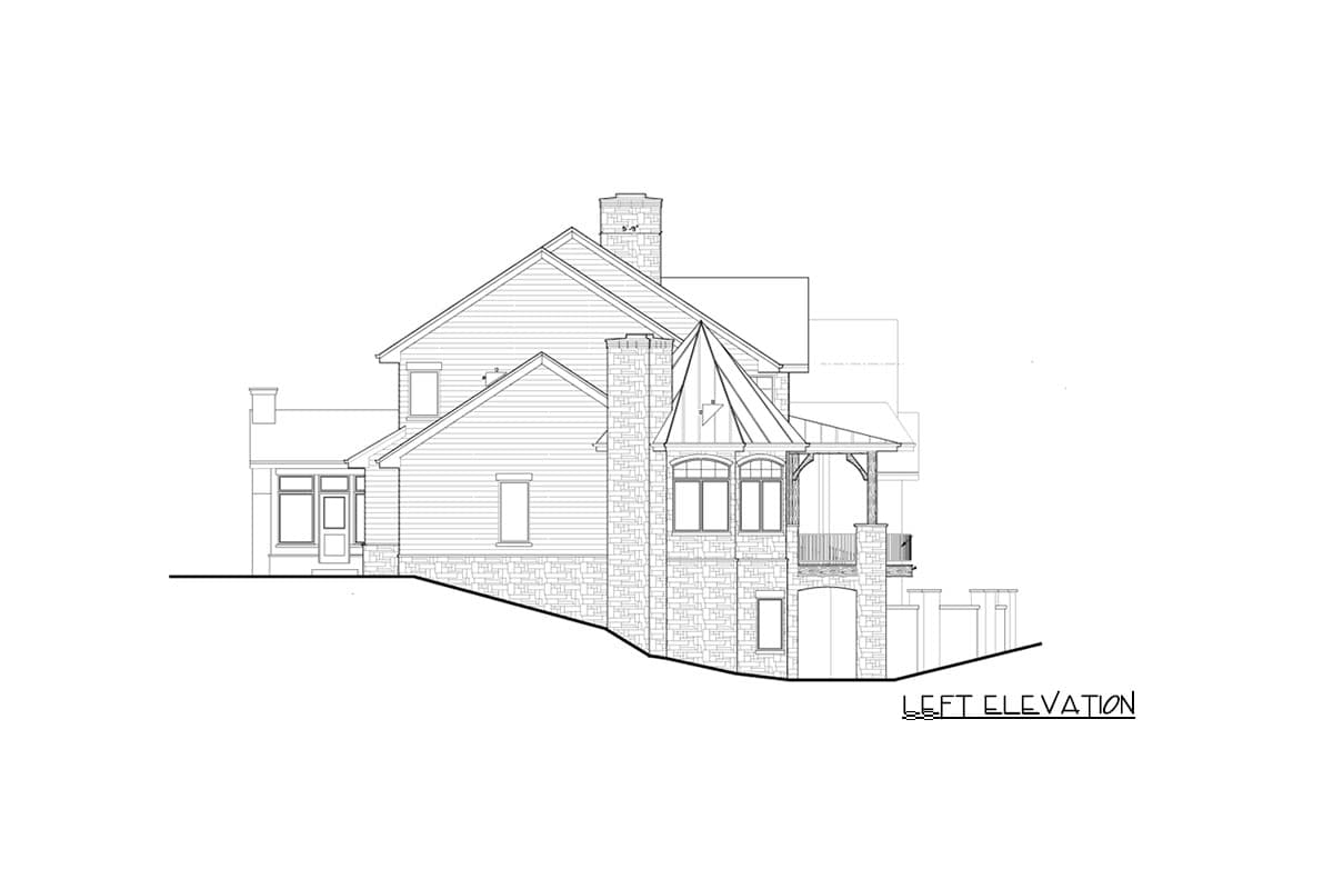Left elevation drawing of a two-story house with stone accents, gabled roof, dormers, and covered porch.