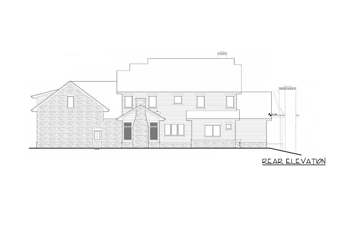 Rear elevation drawing of a two-story house with stone and horizontal siding, multiple gables, and a tall chimney.