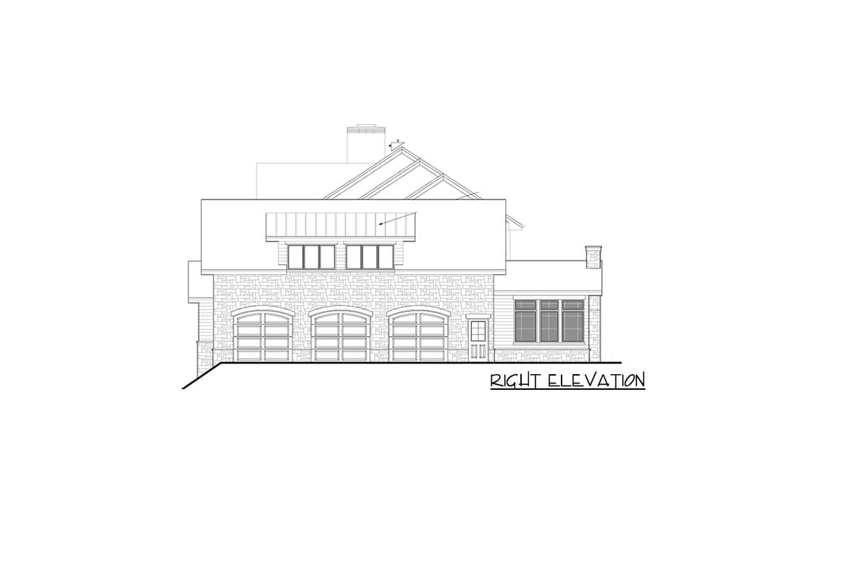 Right elevation house plan with three arched garage doors, stone and siding, and multiple windows.