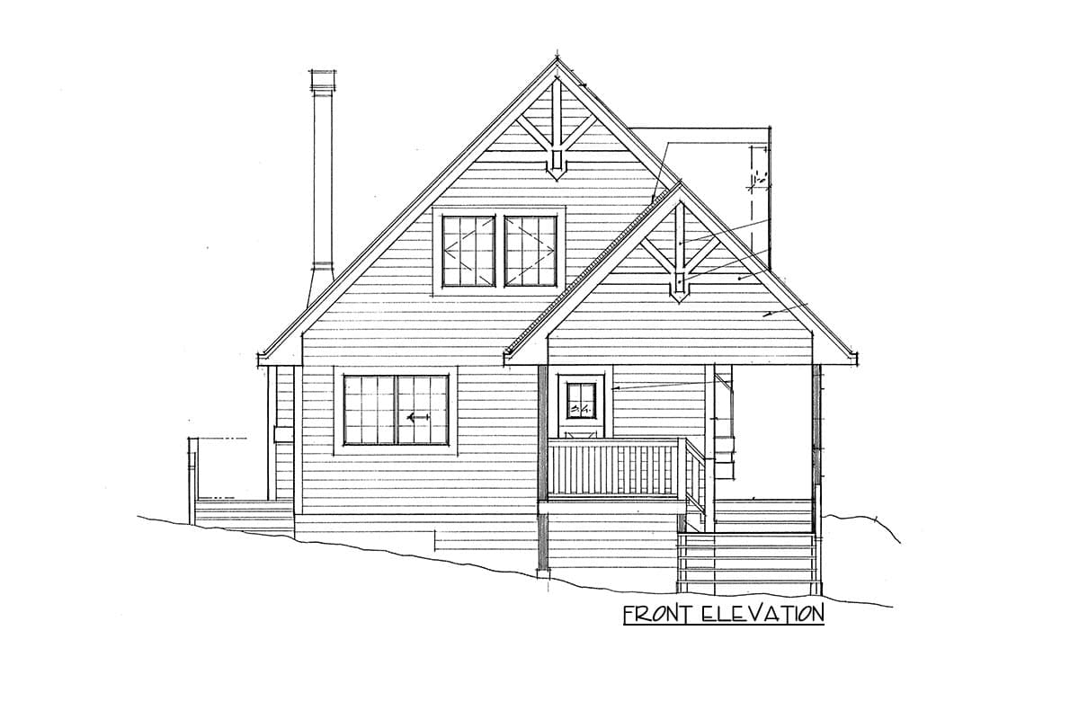 Front elevation drawing of a two-story house plan with horizontal siding, gabled roof, dormer windows, a porch, and a chimney.