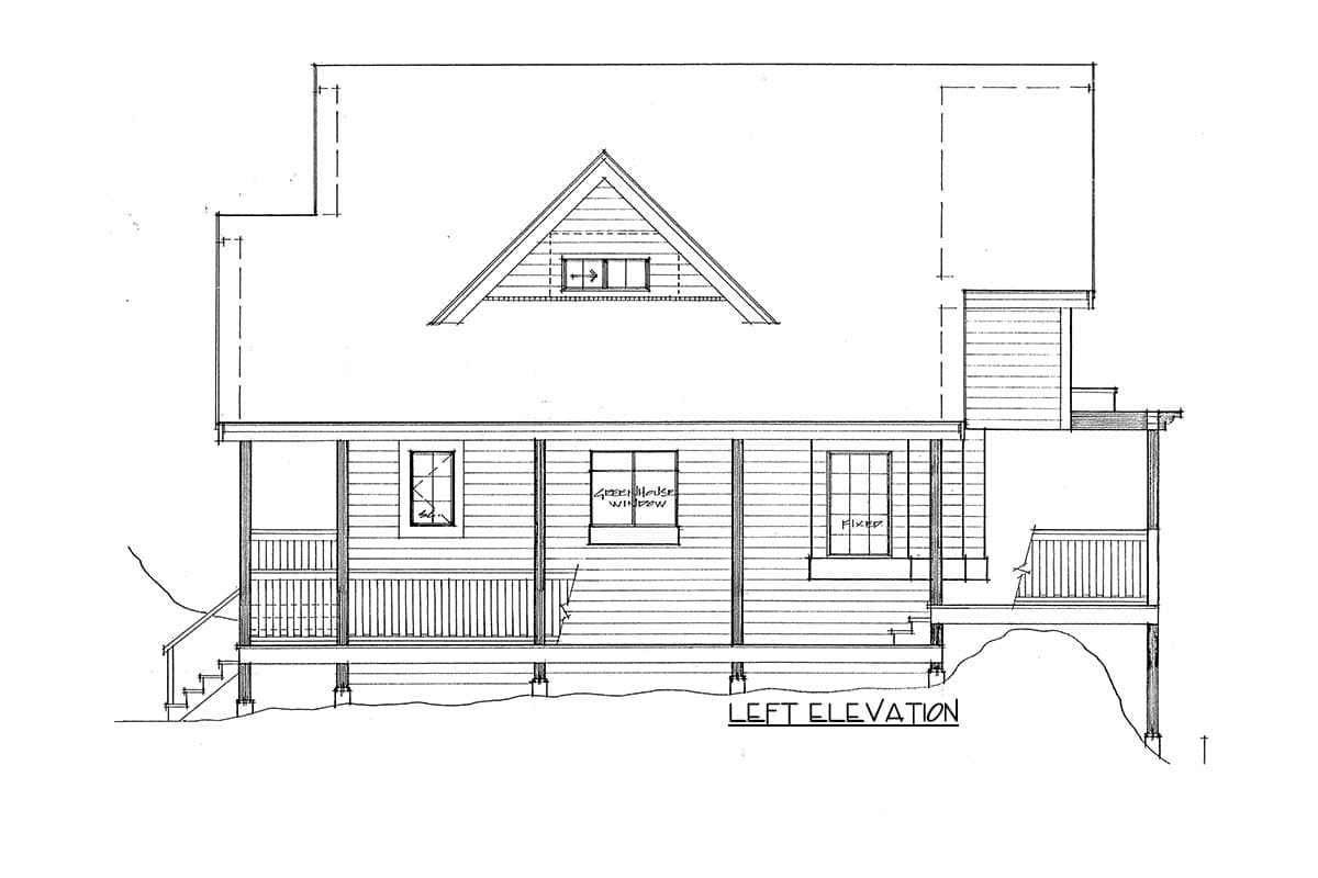 Left elevation house plan showing a covered porch, gabled dormer with windows, and exterior siding.