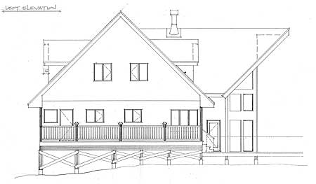 Left elevation drawing of a two-story house plan with a prominent gable, wraparound deck, and multi-story windows.