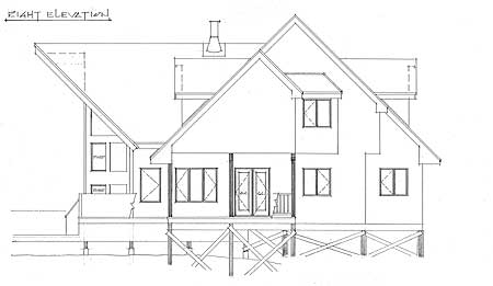 Right elevation drawing of a multi-story house plan with a prominent gable roof, dormers, and a raised foundation.