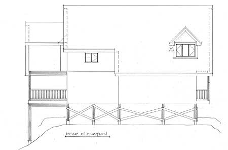 Rear elevation drawing of a house plan on stilts with a dormer window and covered porch.