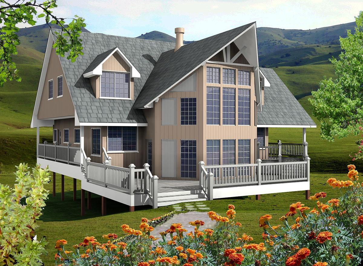 House plan exterior: Two-story residence on stilts with a wraparound deck, prominent gables, and a multi-story window wall.