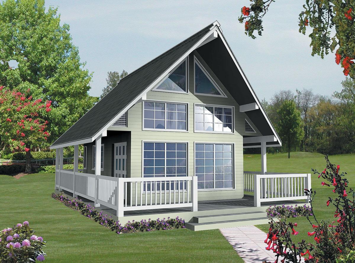 House plan exterior. Two-story with a gable roof, large windows, and a covered porch. Features include a railing and a prominent roofline.
