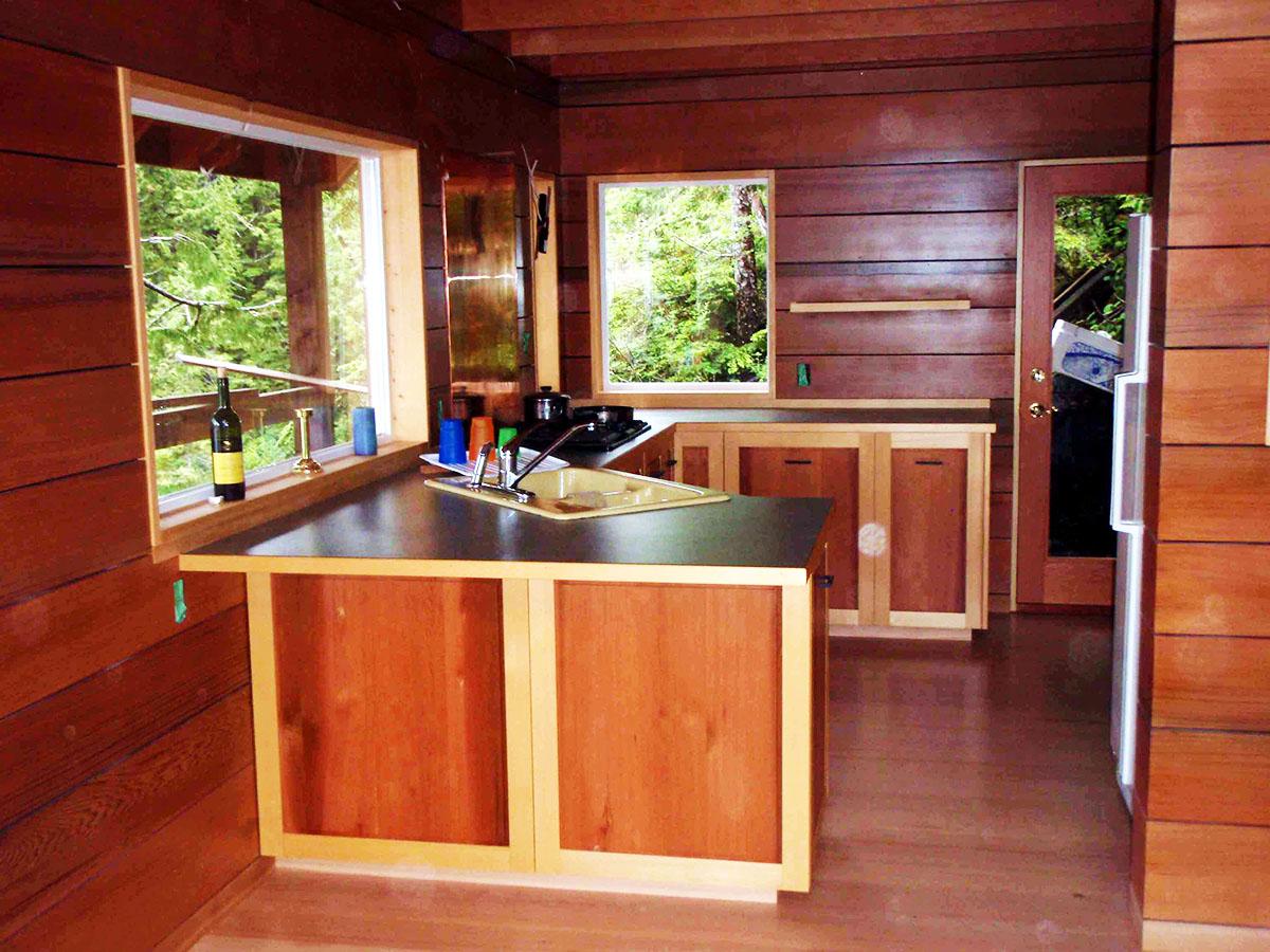 Interior view of a wood-paneled kitchen featuring a dark countertop, sink, stove, and a doorway to the exterior.