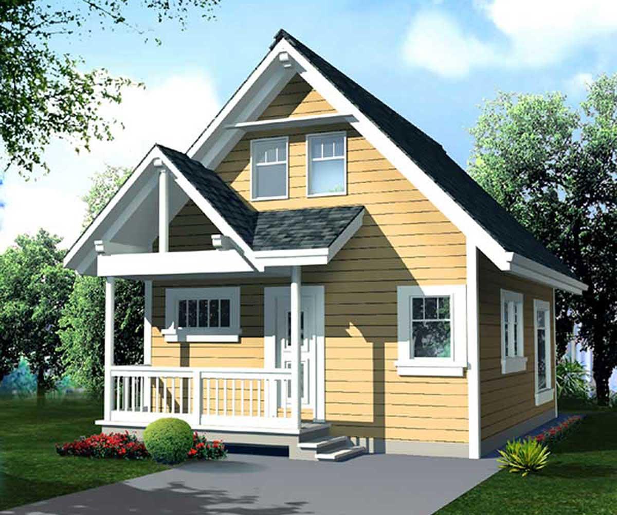 House plan exterior with two stories, a front porch, gabled roof, and dormers. The style appears to be a cottage.