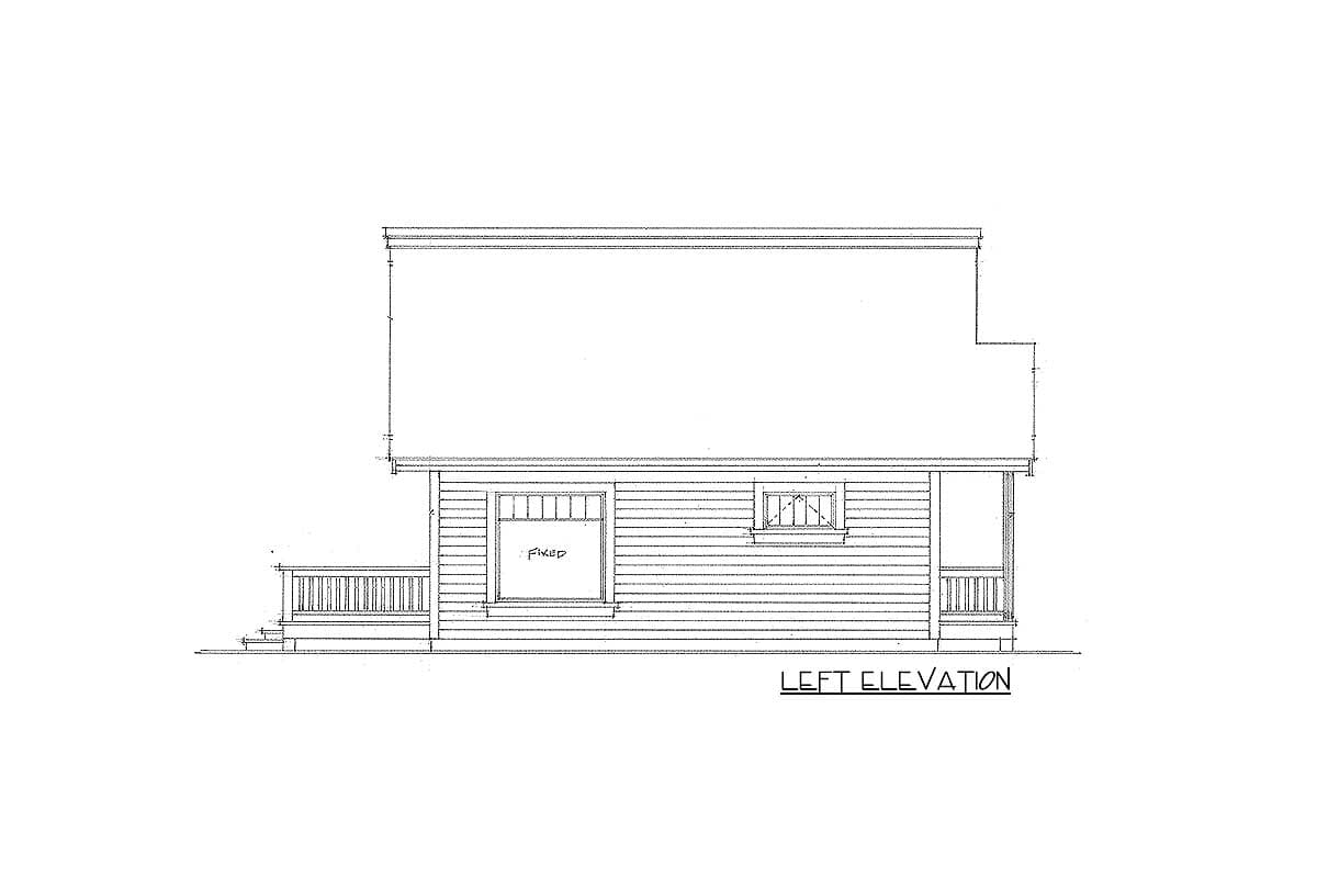 Left elevation house plan drawing showing horizontal siding, a large fixed window, and a porch with railing.