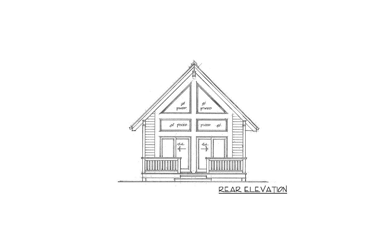 Rear elevation house plan drawing featuring a steeply pitched gable roof, multiple fixed windows, and two covered porches.