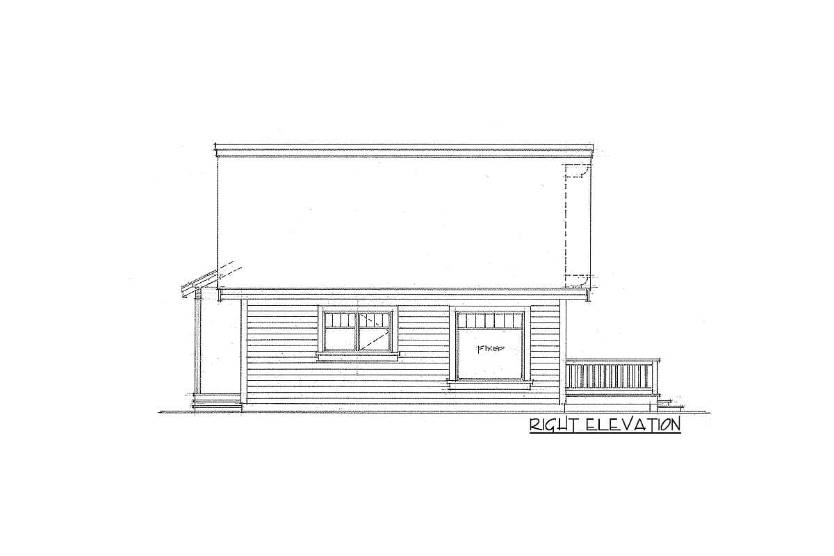 Right elevation drawing of a house plan featuring horizontal siding, two windows, a railing, and a single-story structure.
