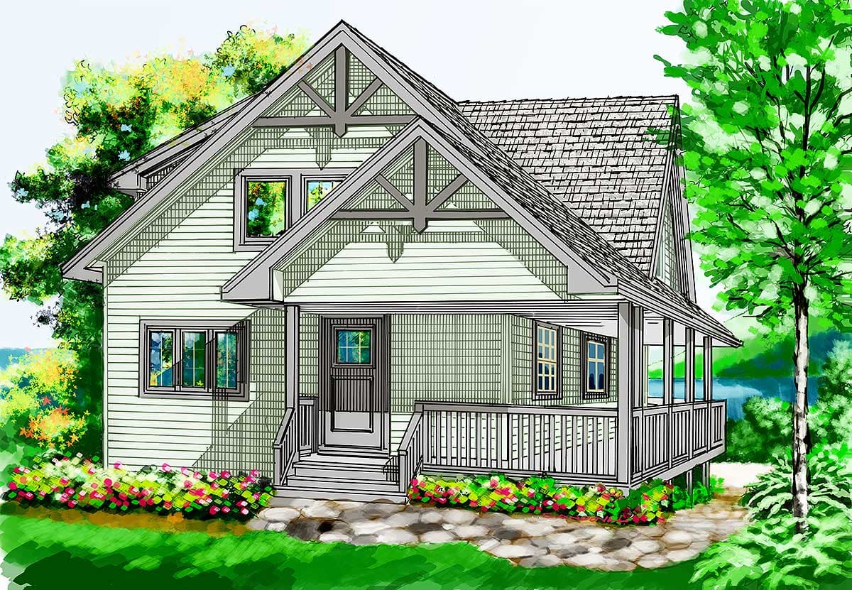 Craftsman house plan exterior with a covered porch, visible gables, and horizontal siding.