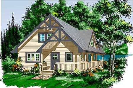 House plan exterior: Gable roof with exposed rafter tails and a wrap-around porch on a 1.5-story home.