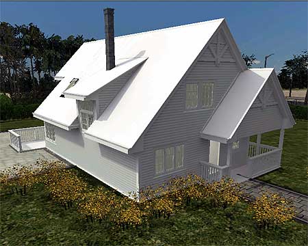 House plan exterior: Two-story home with prominent gables, a covered front porch, dormer window, and a deck.