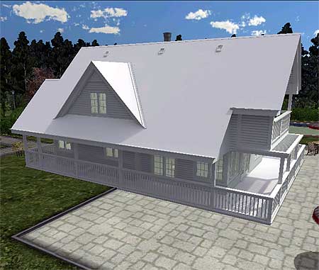 House plan exterior: Two-story house with wrap-around porch, multiple gables, and dormer windows.