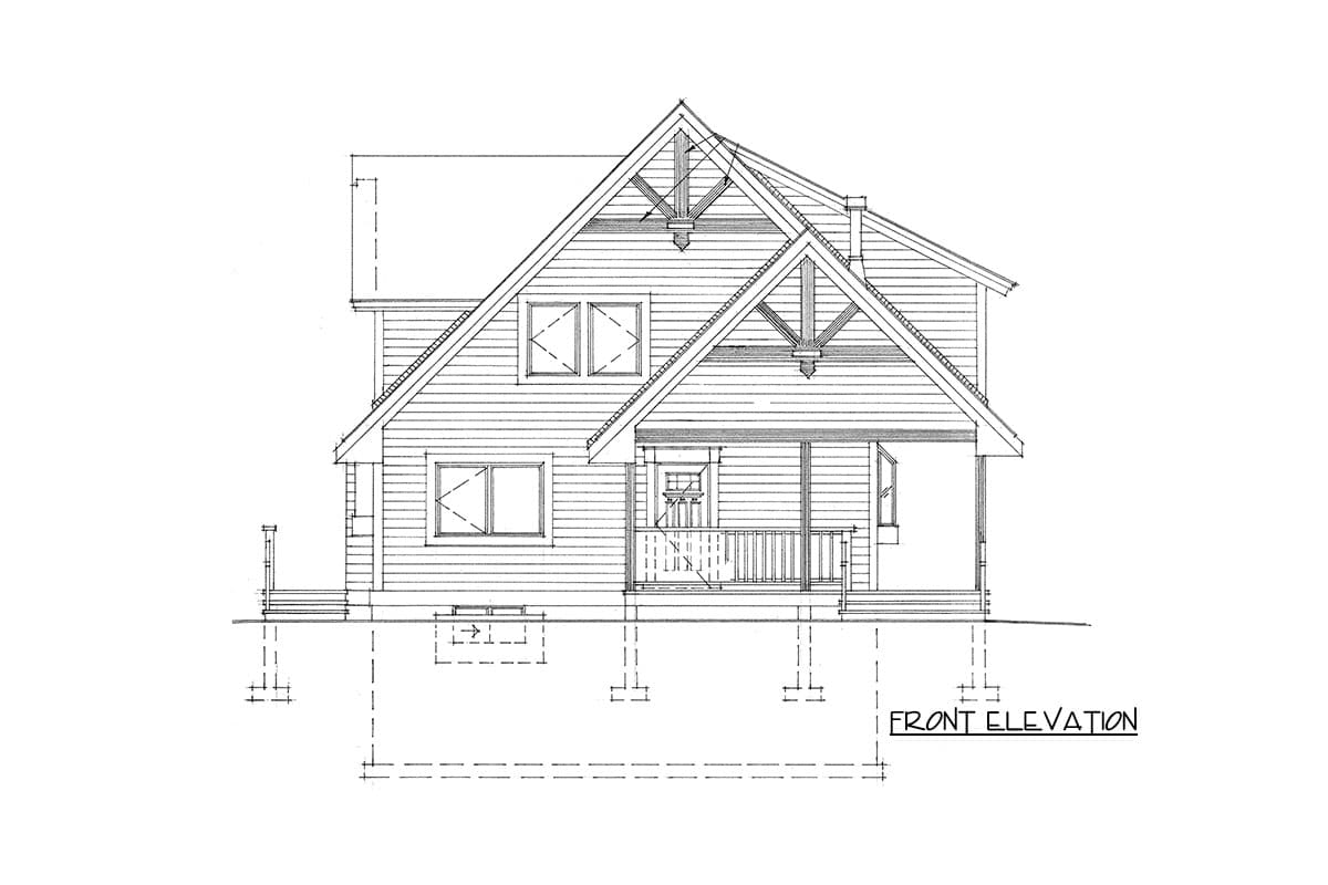 Front elevation drawing of a two-story house plan with a covered porch, gable rooflines, and decorative timber brackets.