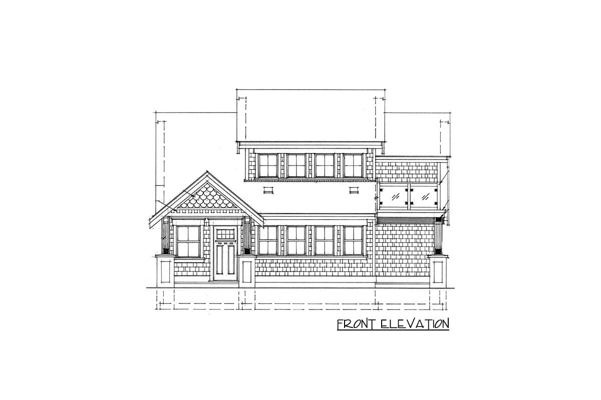 Front elevation of a two-story Craftsman house plan with a prominent gable, porch, and multiple windows.