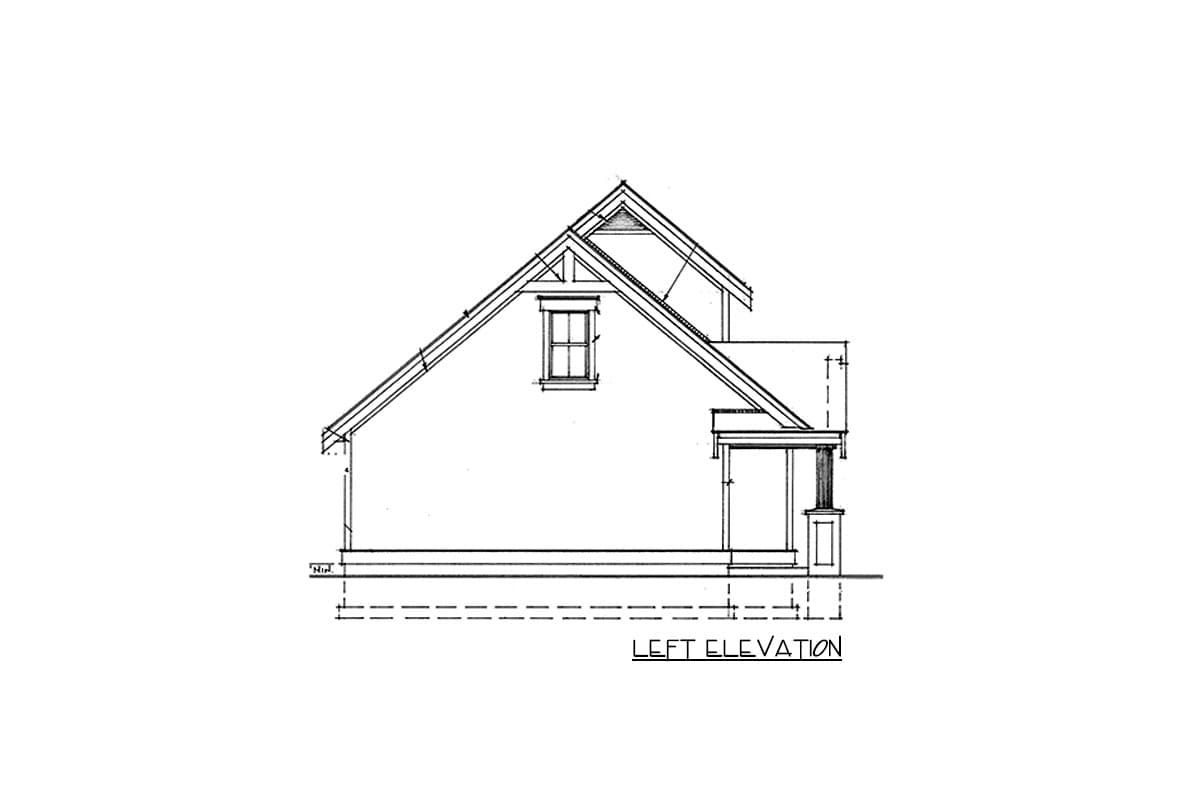 Left elevation drawing of a house plan showing a gable roof, dormer window, and covered porch.