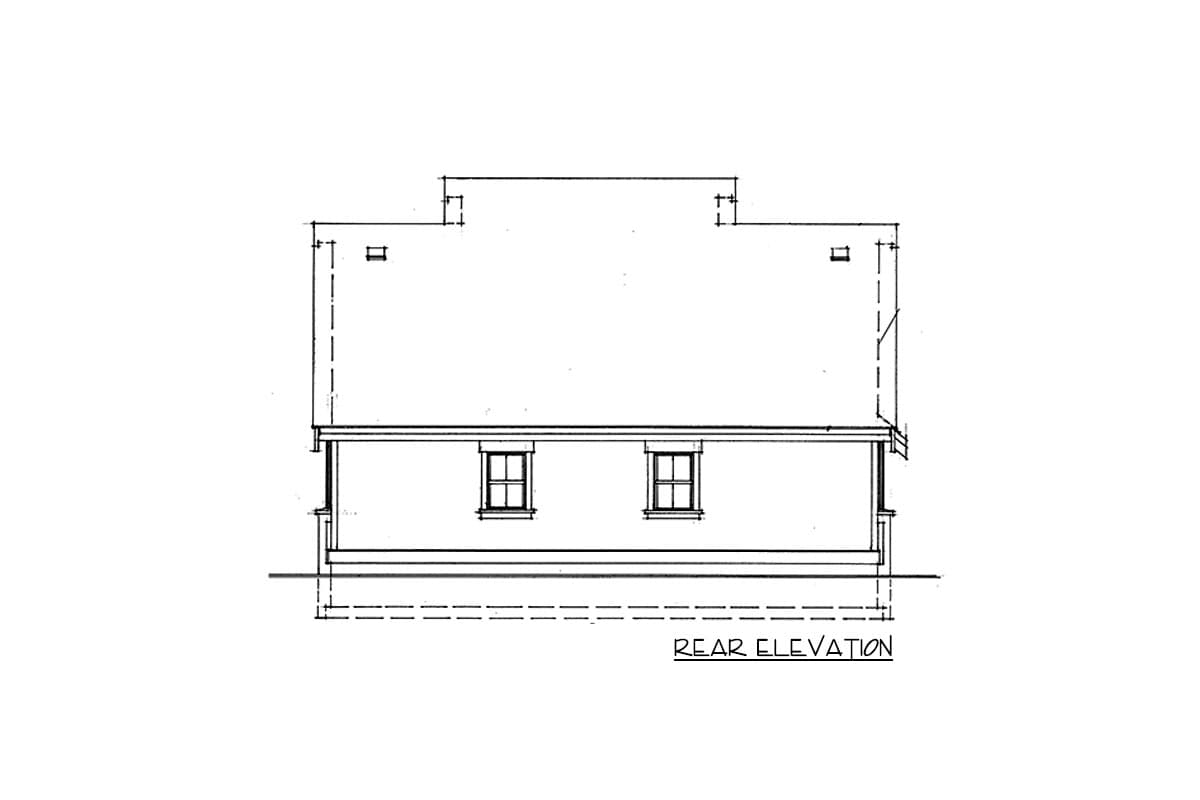 Rear elevation house plan drawing showing two windows and a covered porch.