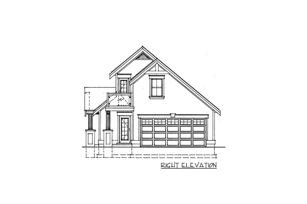Right elevation of a house plan showing a covered entrance with columns, a second-story balcony, a dormer, and a multi-panel garage door.