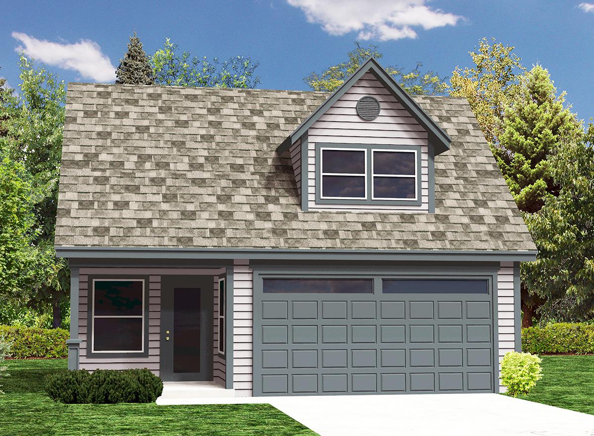 House plan exterior featuring a gable dormer with two windows, a single-car garage door, and a small covered entryway.