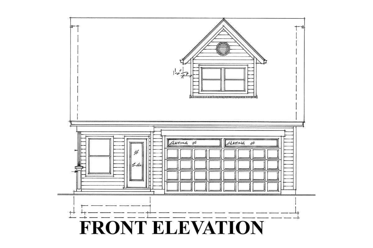 Front elevation drawing of a house with a multi-pane garage door, single entry door, and dormer with circular vent.