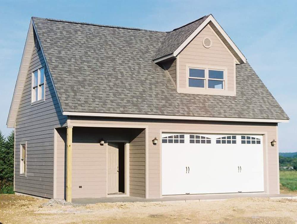 House plan exterior with a two-car garage, dormer window, and covered entryway. Gable end window visible.