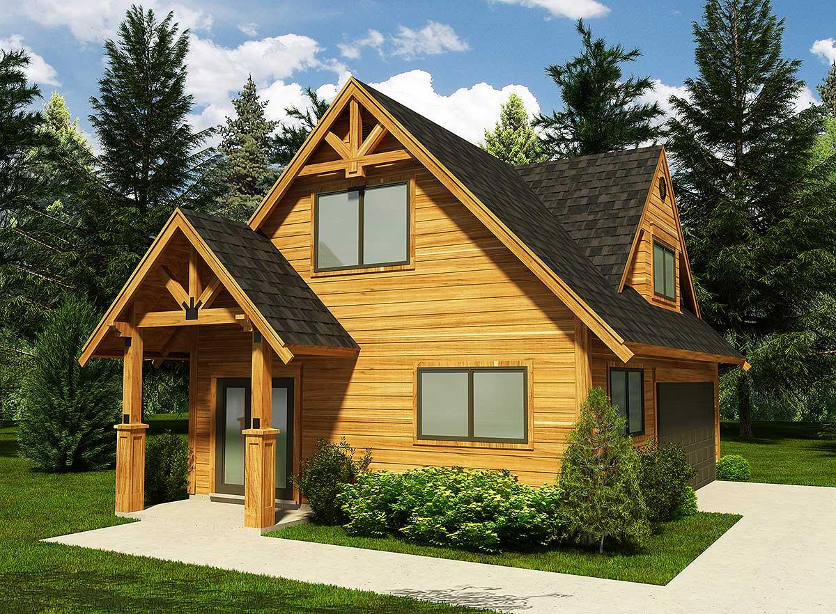 House plan exterior: Two-story A-frame style with a covered entry porch, decorative gable braces, and attached garage.