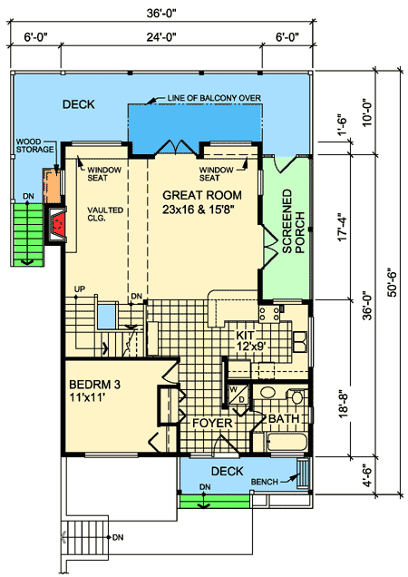 Plan 9818SW: Narrow Lot Cottage House Plan - Floor Plan - Main Level - Cabin, Cottage, Country, Mountain, Rustic