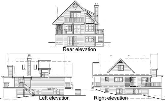 House plan rear, left, and right elevations showing multiple stories, balconies, gables, dormers, and a chimney.