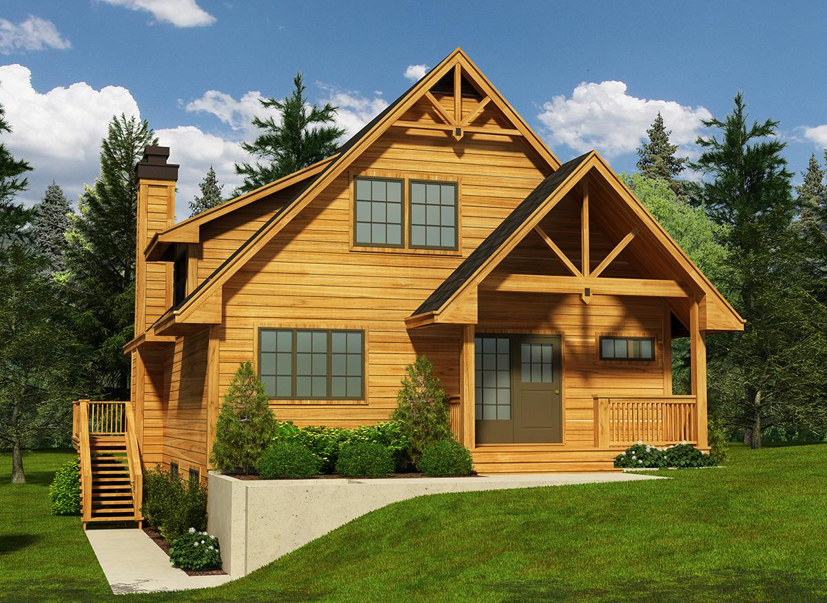 House plan exterior: Two-story wooden home with A-frame gable, exposed rafters, front porch, and prominent chimney.