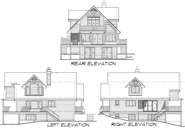 Architectural house plan showing rear elevation with multiple balconies, left elevation with chimney and stairs, and right elevation with stairs.