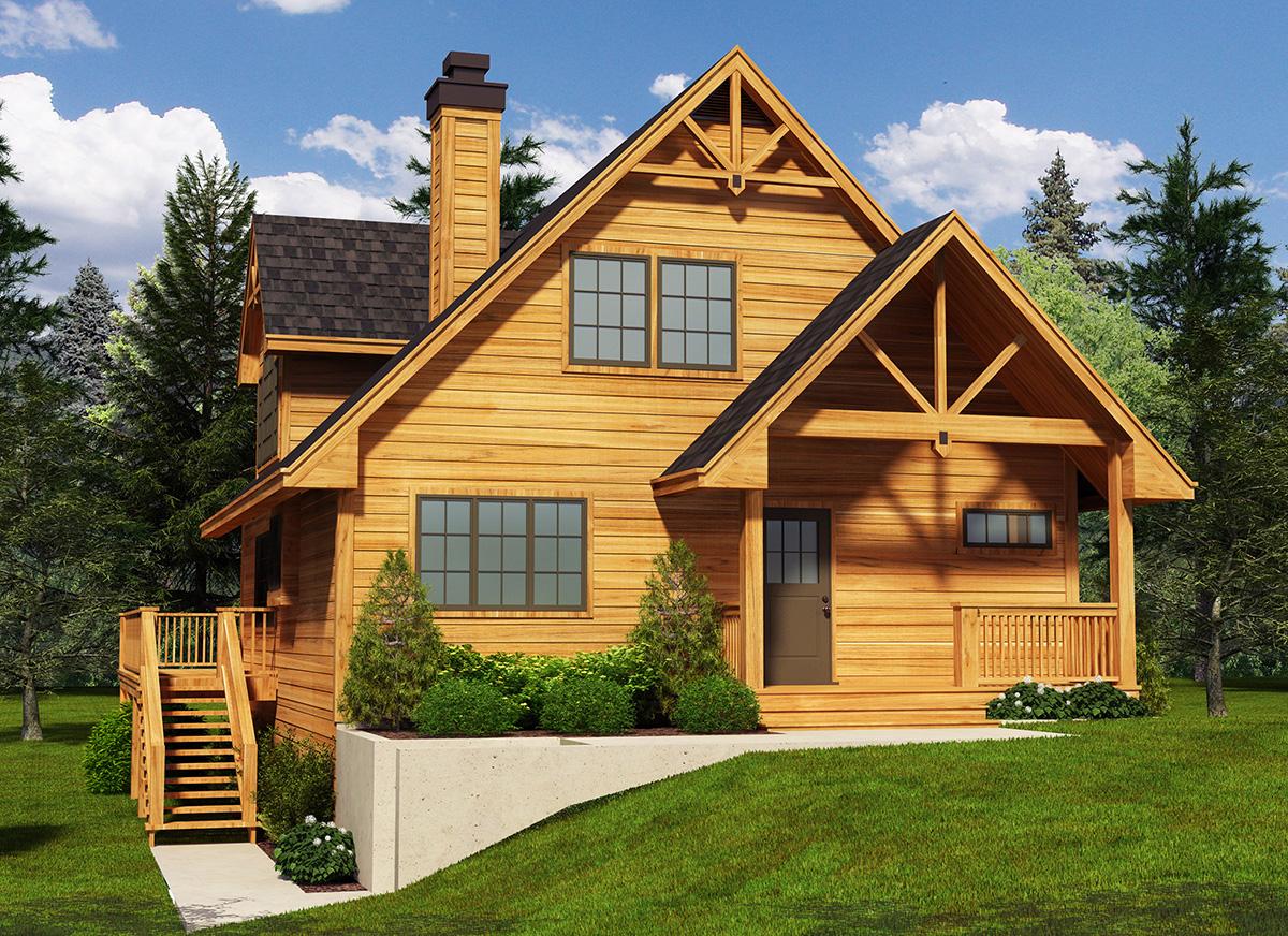 House plan exterior: Two-story wooden lodge with prominent gables, front porch, and side deck with stairs.