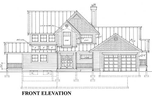 Front elevation of a two-story house plan with a hip roof, gables, dormers, a porch, and a two-car garage.