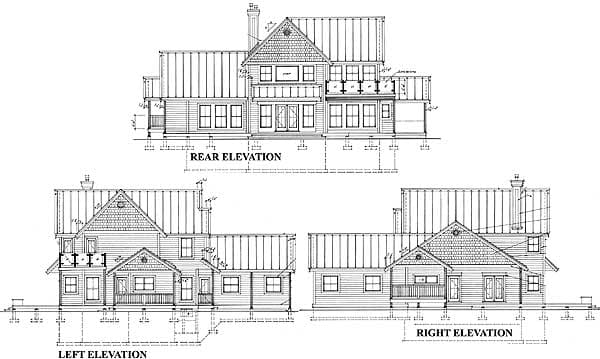 Architectural house plan: rear, left, and right elevations showing multiple gables, dormers, and a covered porch.