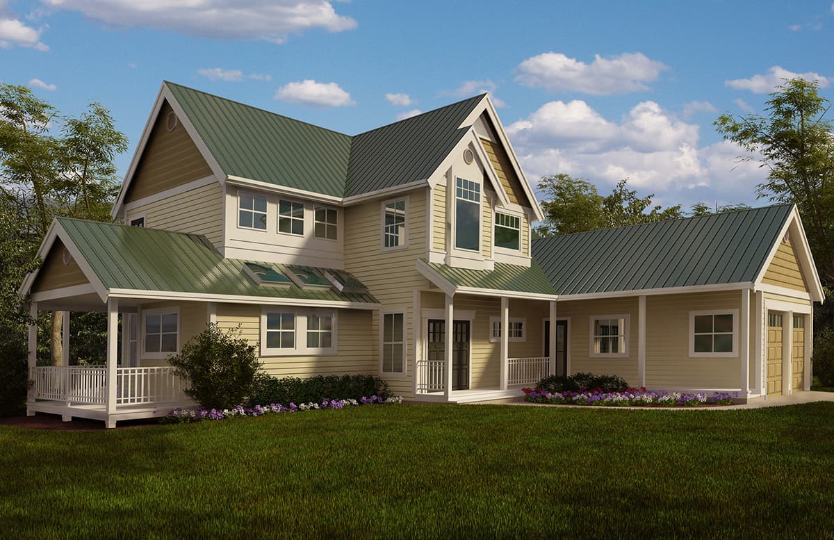 House plan exterior: two-story home with gables, wrap-around porch, dormers, and attached two-car garage.