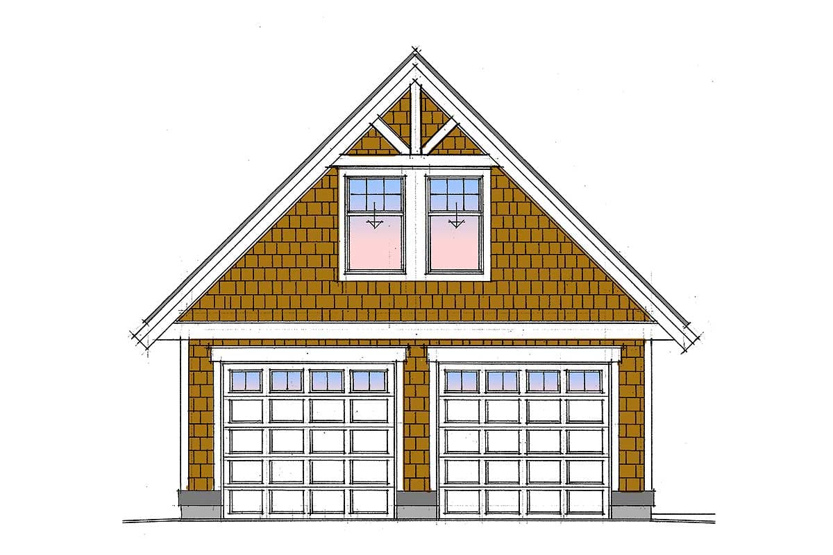House plan front elevation for a two-car garage with shingle siding, a prominent gable with decorative bracing, and two double-pane windows above.