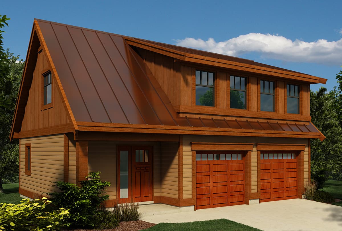 House plan exterior. Two-story design with dual garage doors and upper-level windows. Features a prominent metal roof and wood siding.
