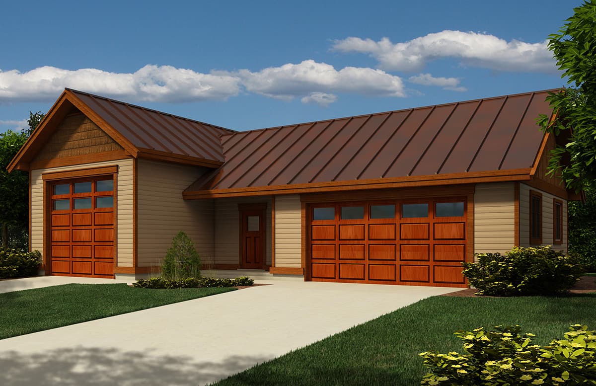 House plan exterior with a gabled front section and two garage doors with wood paneling and glass inserts. Features a metal roof.