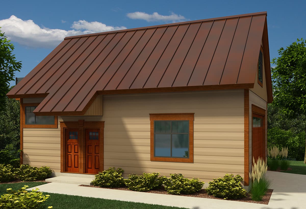 House plan exterior: Two-story dwelling with a metal gable roof, double entry doors, and a garage.