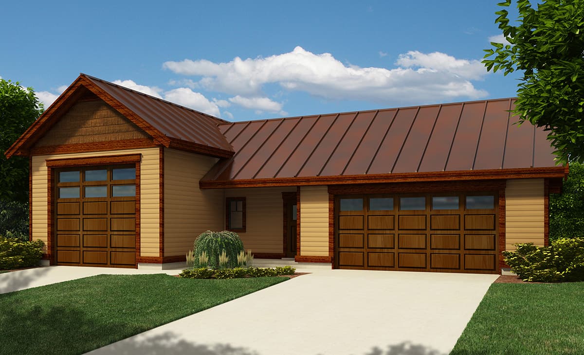 House plan exterior: Ranch style, two garage doors, gable roof with wood accents, and siding.
