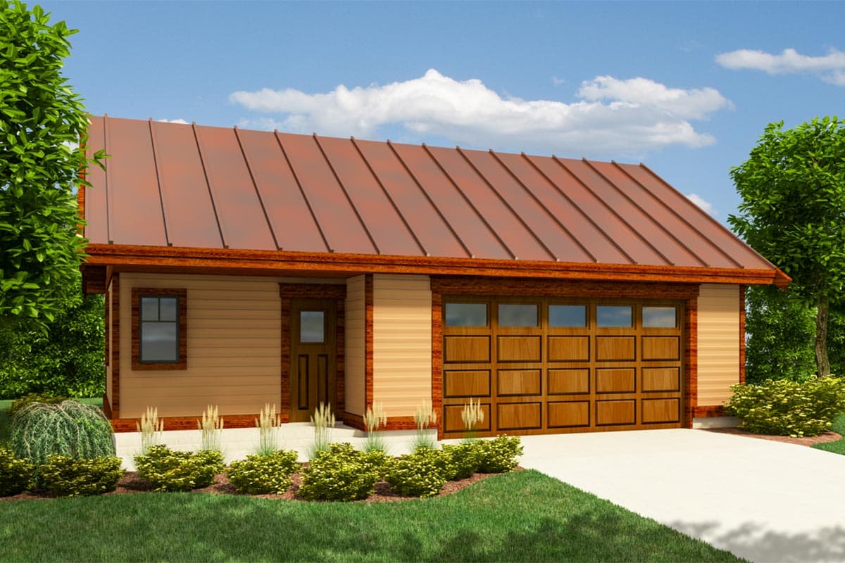 House plan exterior rendering shows a single-story garage with a metal standing seam roof, wooden garage door, and a single entrance door.