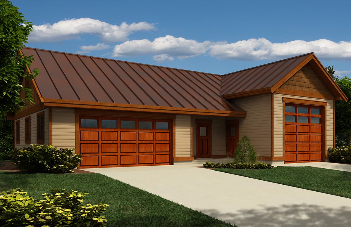 House plan exterior: Ranch style with metal roof, two wood garage doors, and wide front windows.