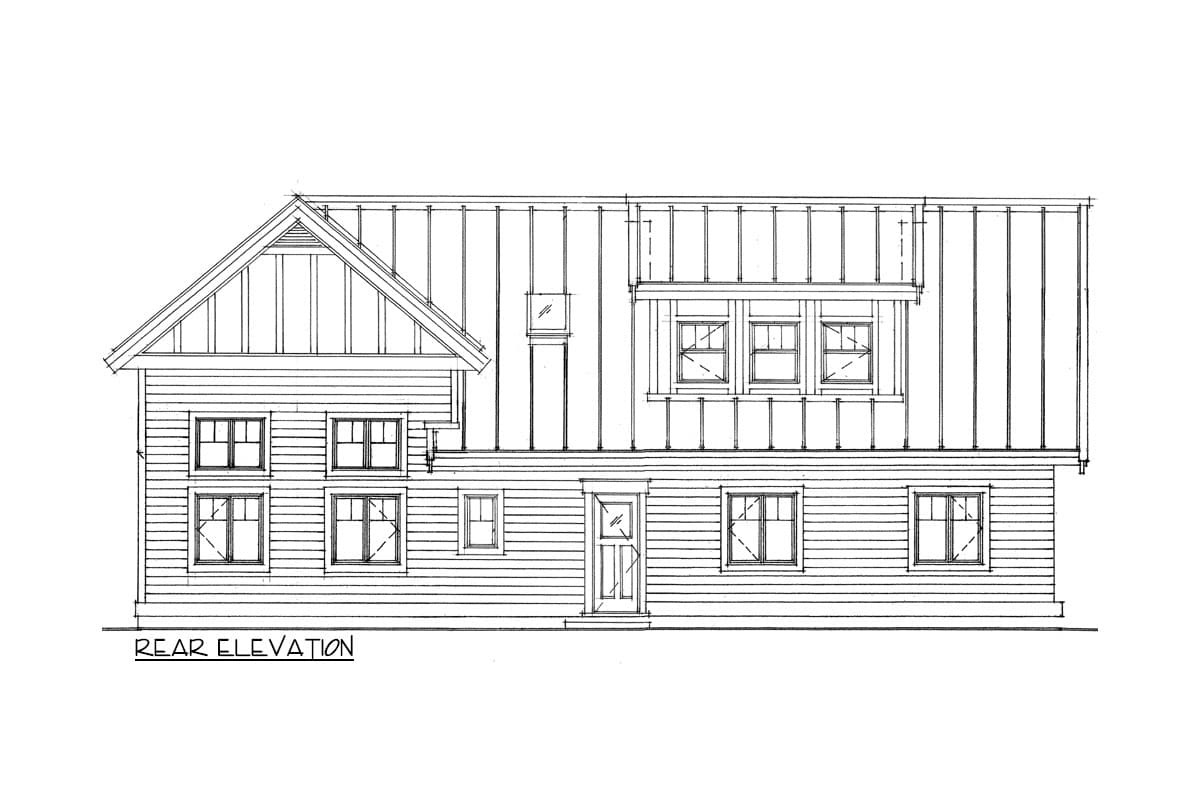 Rear elevation drawing of a house with a gable roof, shed dormer, multiple windows, and horizontal siding.